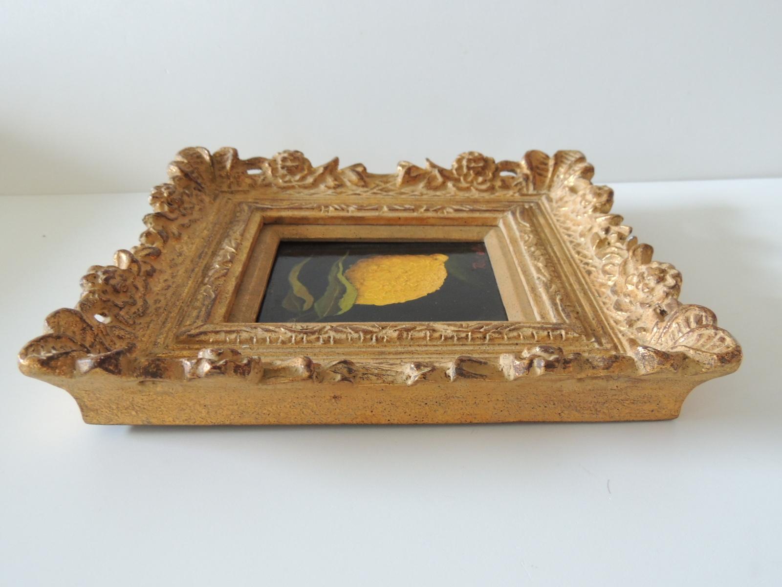 European Old Master Style Oil Painting of Lemon on Gold Leaf Carved Wood Frame