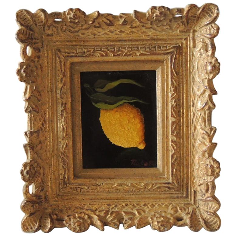 Old Master Style Oil Painting of Lemon on Gold Leaf Carved Wood Frame