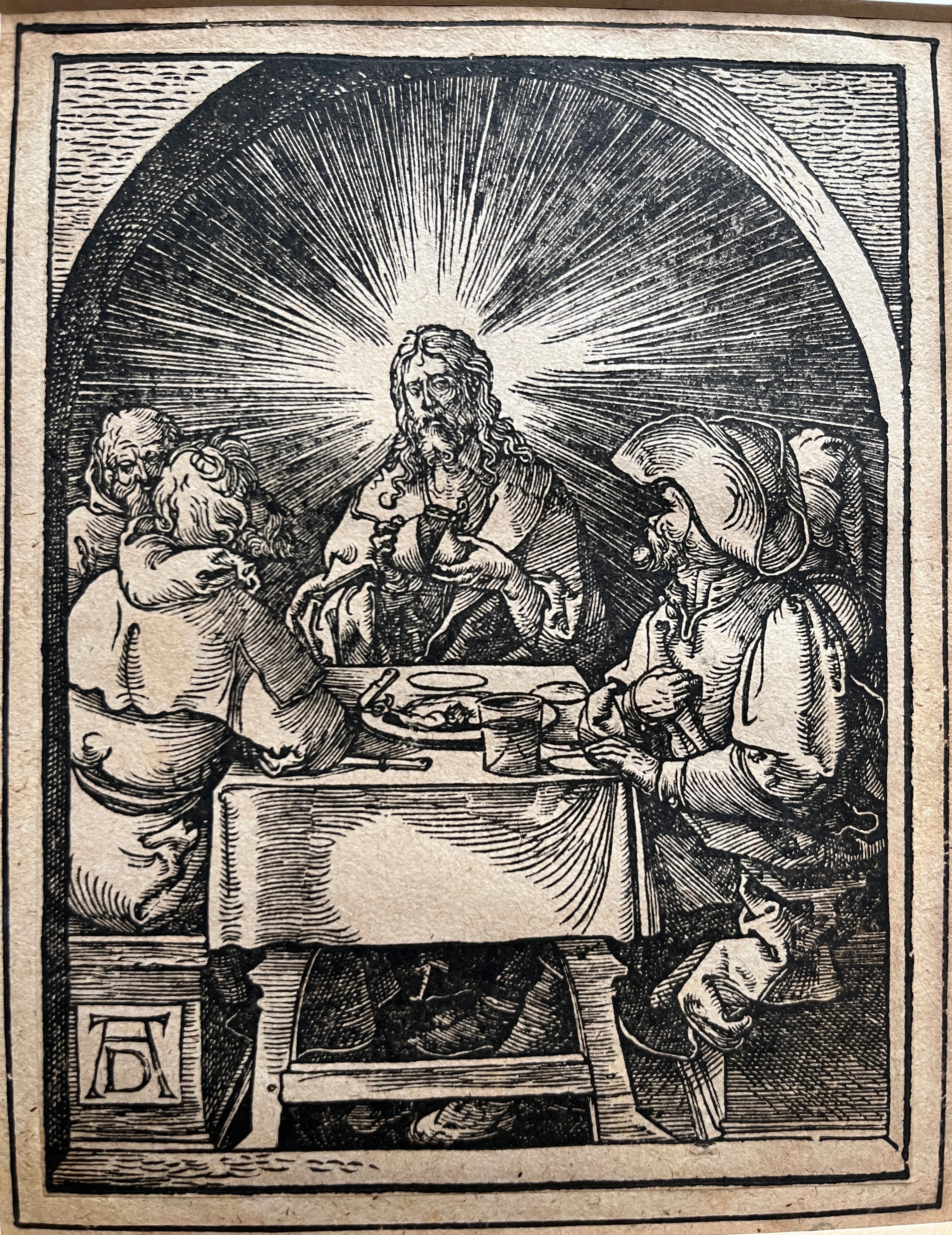 Xilografia antica di Cristo in Emmaus di Johann Mommard, dopo Albrecht Durer
Stampa xilografica di Johann Mommard, dopo Albrecht Durer
Fiammingo; 1587 circa
Stampato su carta vergata, attaccato a un foglio di supporto e montato in una cornice