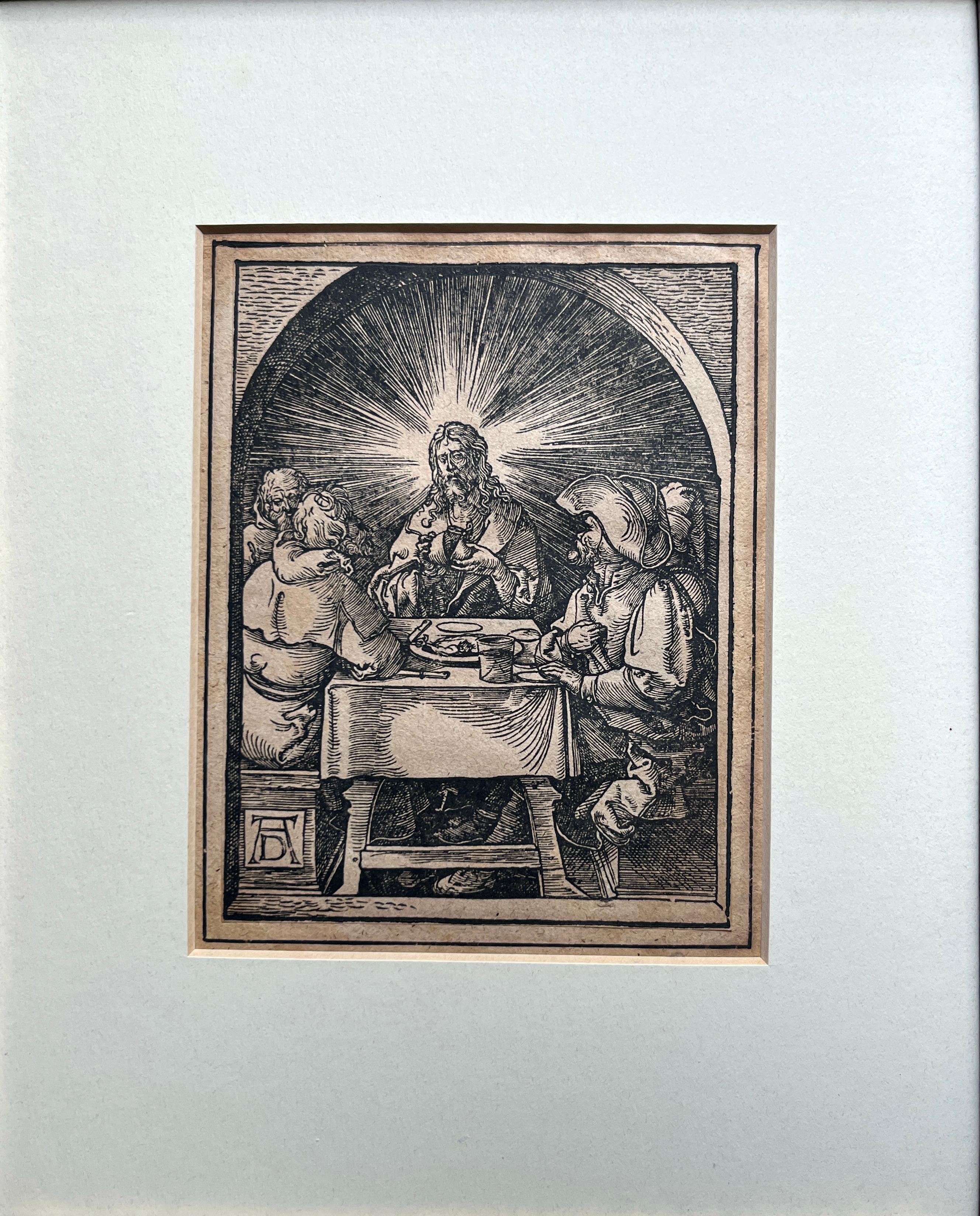 Rinascimento Xilografia antica di Cristo in Emmaus di Johann Mommard, dopo Albrecht Durer