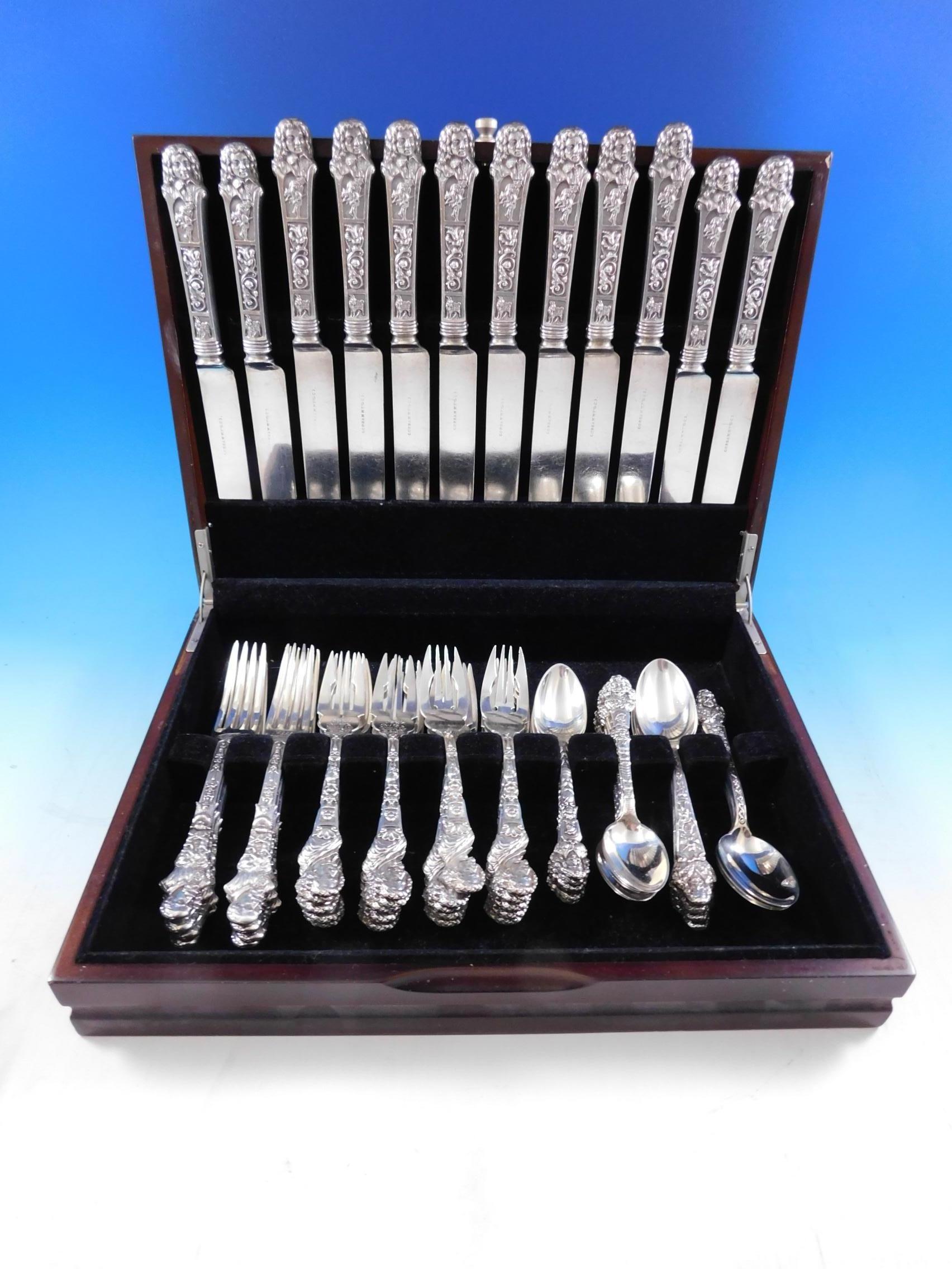 Superb multi-motif figural Old Masters by Gorham, circa 1885, sterling silver flatware set, 58 pieces. This highly sought after and incredibly scarce pattern features busts of the masters of art, in an exquisite finely detailed sculptural