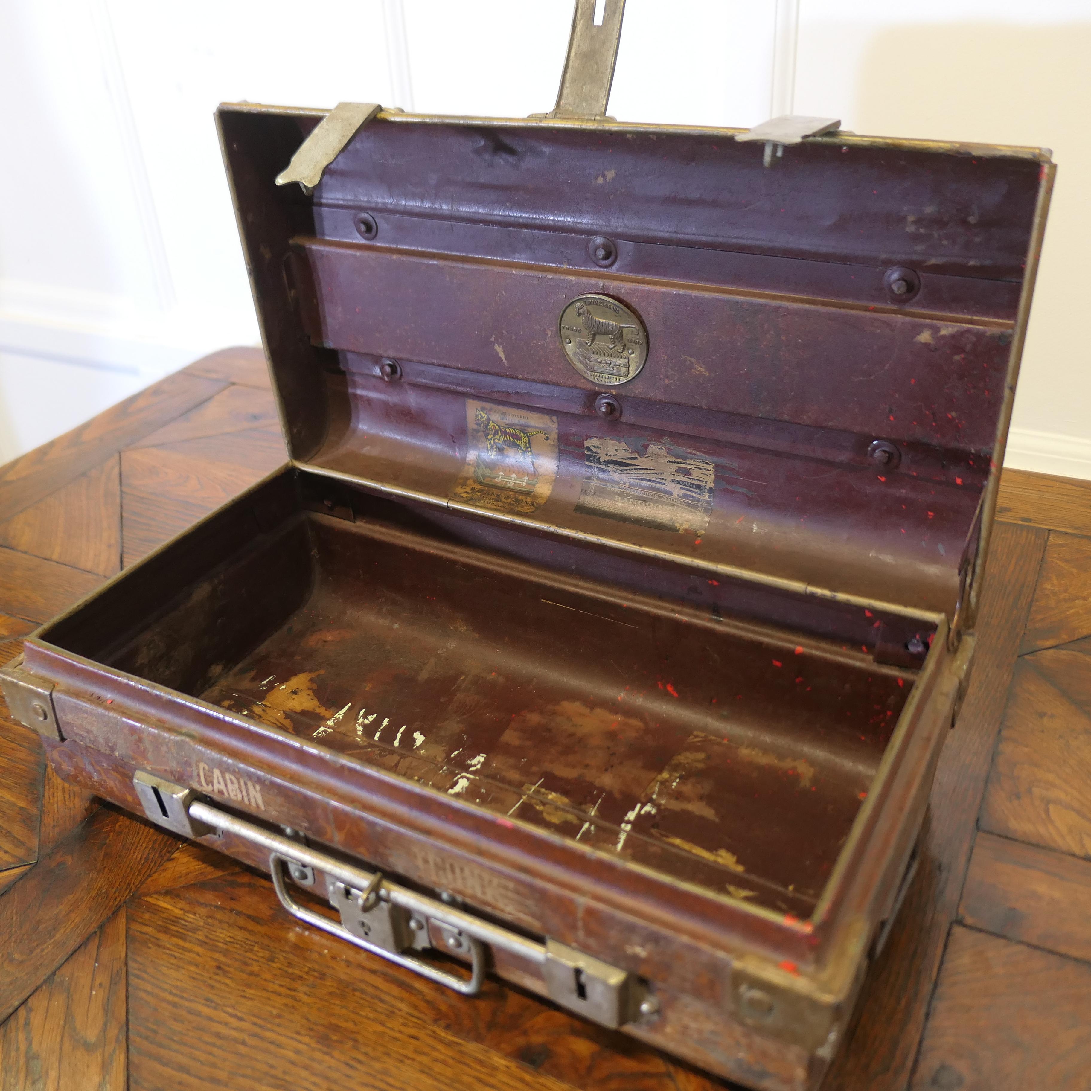 
Old Metal (Best Steel) Travel Cabin Trunk, Hand Luggage, by T. WILKES & SONS


Made in the 1920s by T. WILKES & SONS, Trade mark
DRAYTONS WORKS -WOLVERHAMPTON - England  

This trunk is in sound condition even after traveling thousands of miles.
It