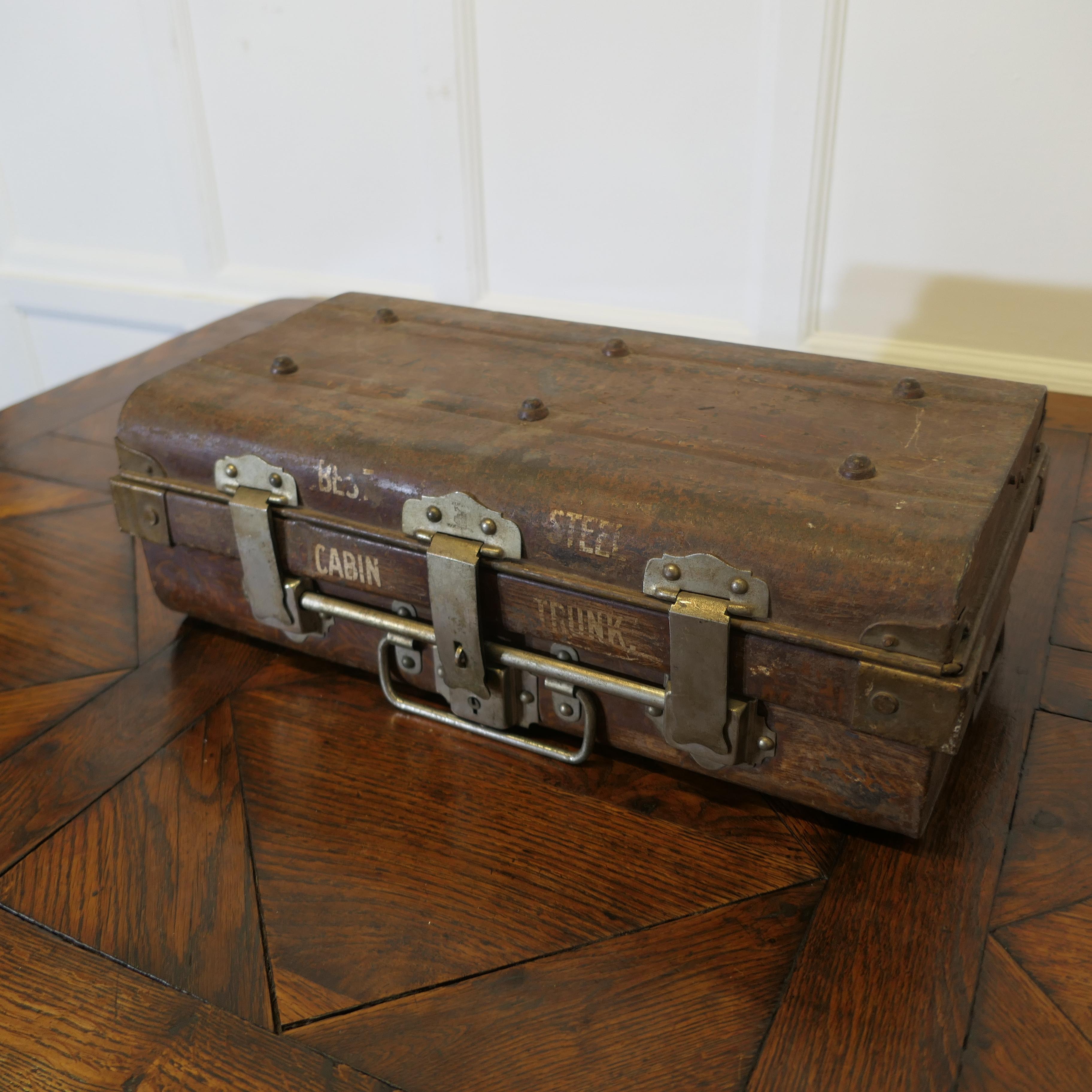 Old Metal (Best Steel) Travel Cabin Trunk, Hand Luggage, by T. WILKES & SONS In Good Condition For Sale In Godshill, Isle of Wight