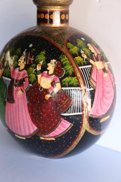 Old Metal Pot Repainted in Oil with Rajasthani Motif for Table Decoration