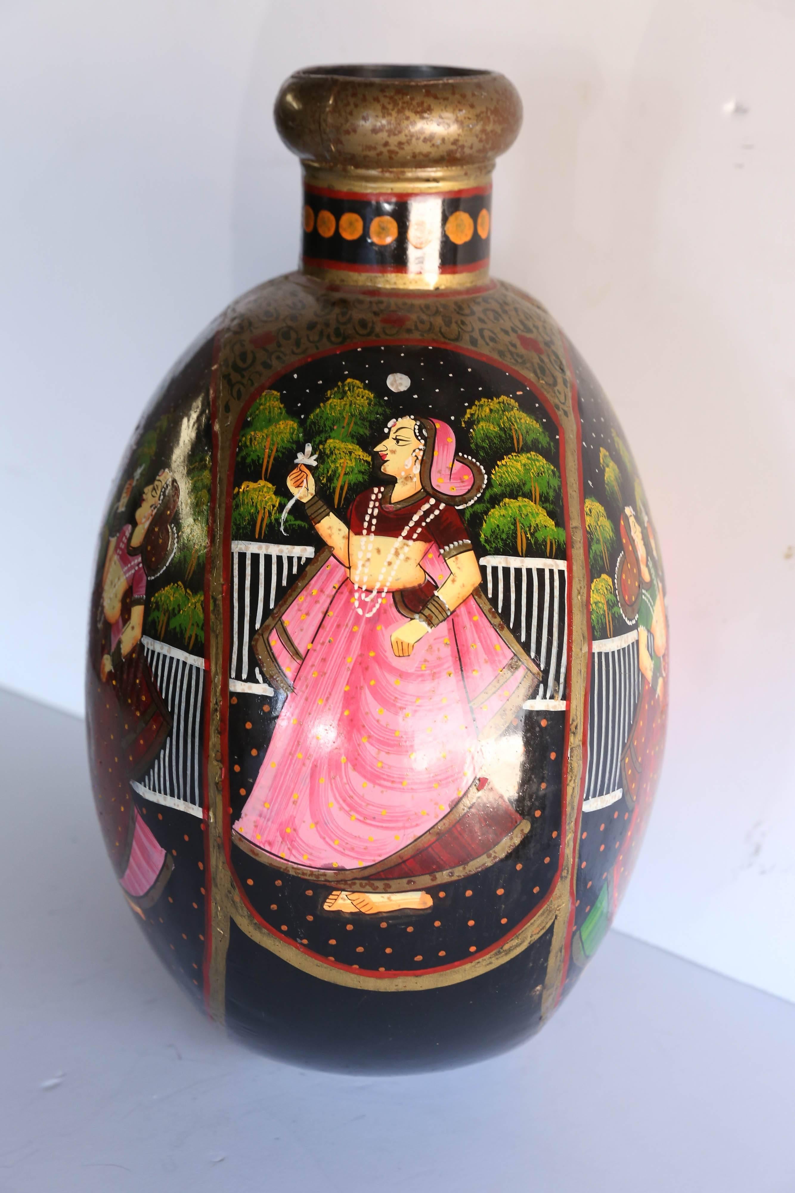 Anglo Raj Old Metal Pot Repainted in Oil with Rajasthani Motif for Table Decoration For Sale