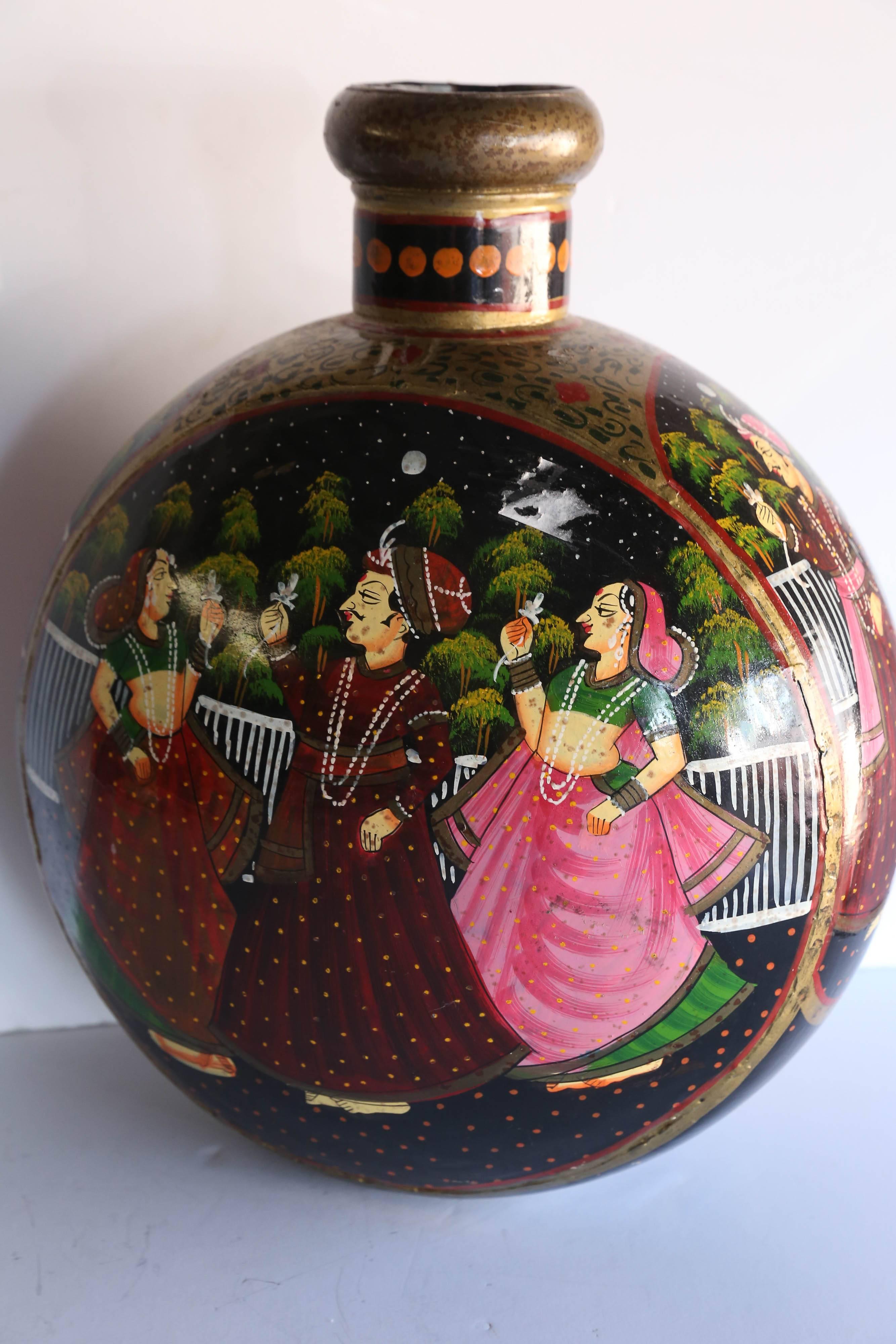 Indian Old Metal Pot Repainted in Oil with Rajasthani Motif for Table Decoration For Sale