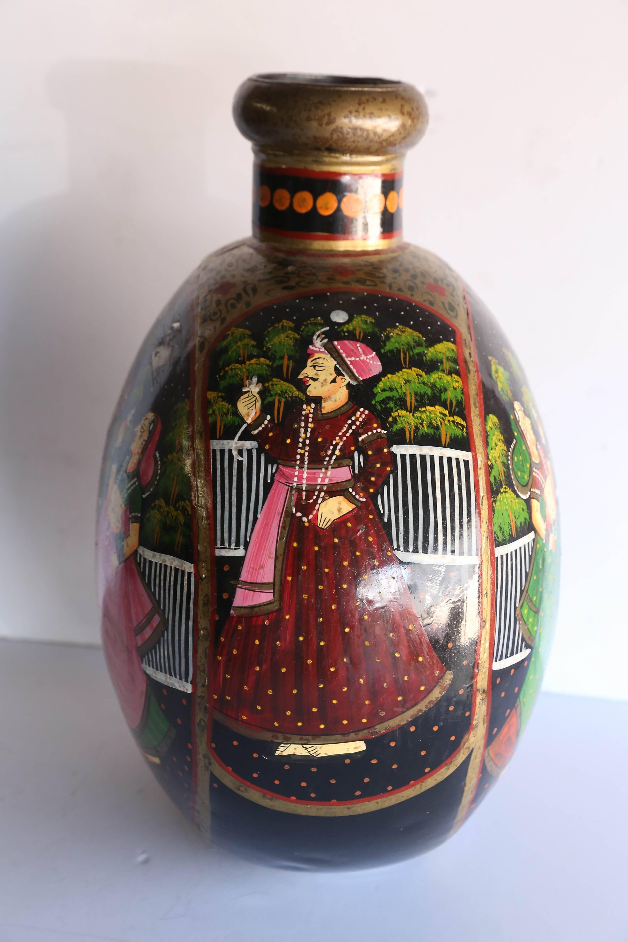 Painted Old Metal Pot Repainted in Oil with Rajasthani Motif for Table Decoration For Sale
