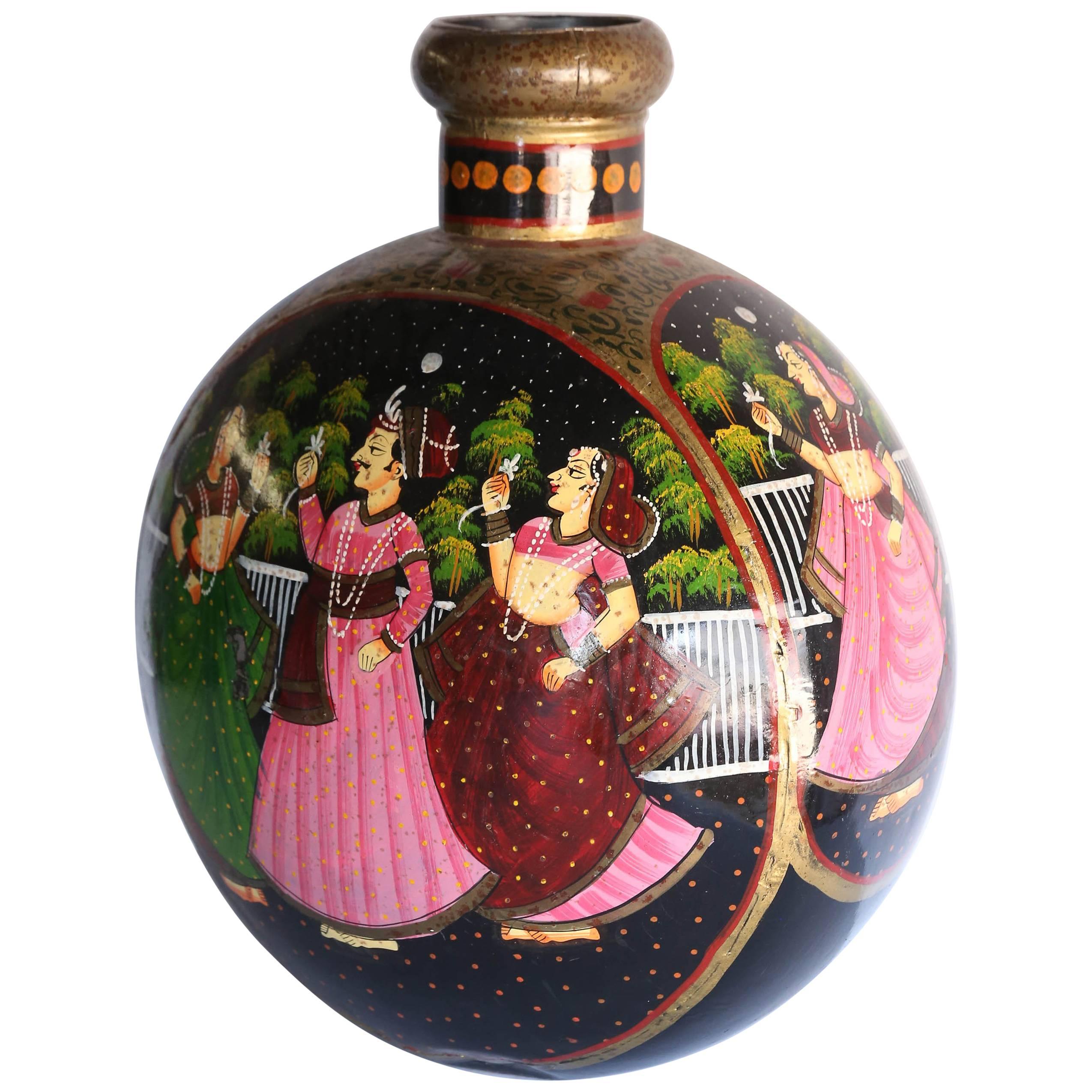Old Metal Pot Repainted in Oil with Rajasthani Motif for Table Decoration For Sale