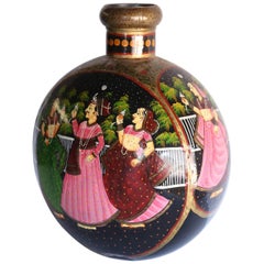 Old Metal Pot Repainted in Oil with Rajasthani Motif for Table Decoration