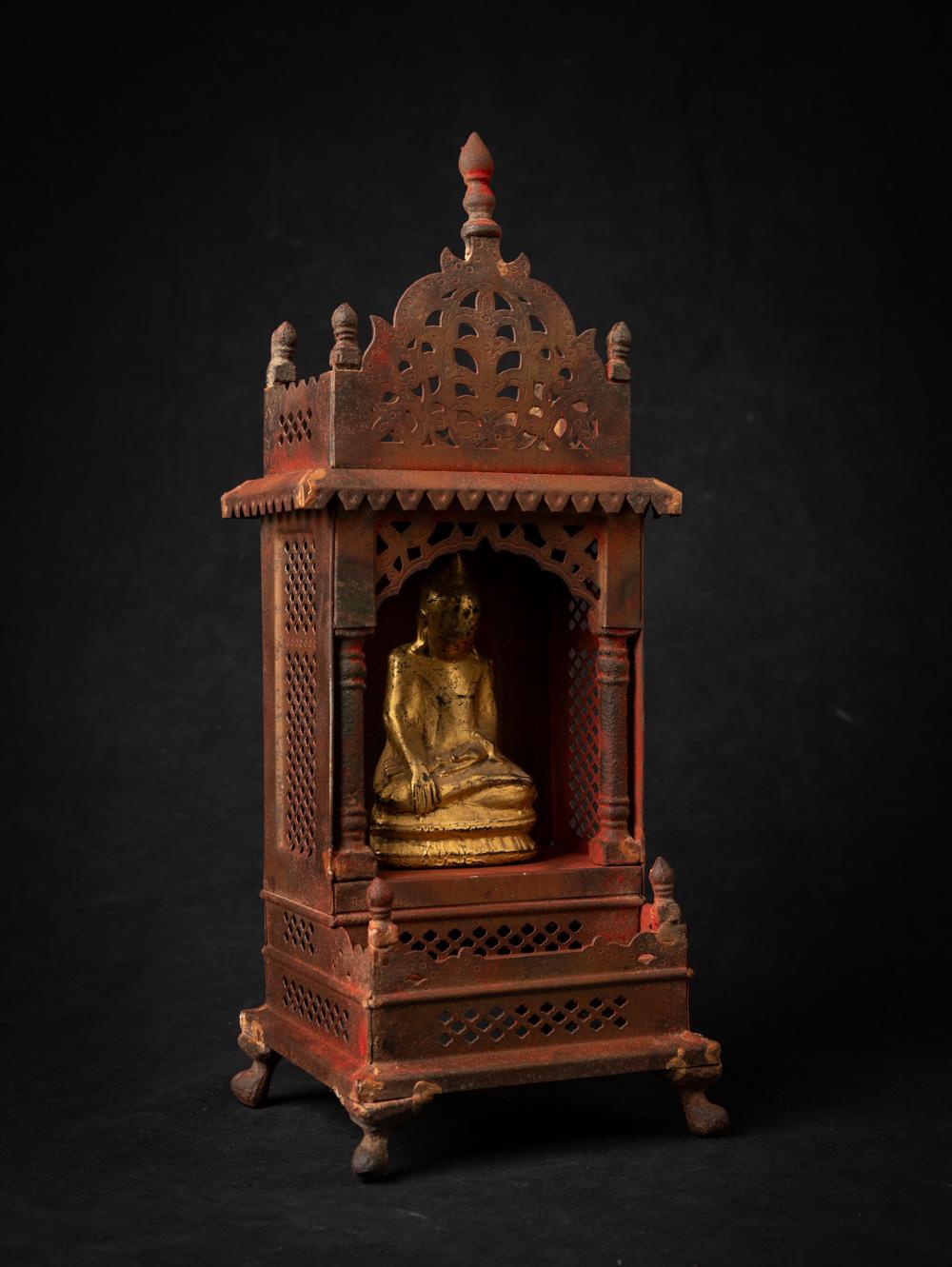 Metal Old metal temple with antique wooden Buddha statue from Nepal For Sale