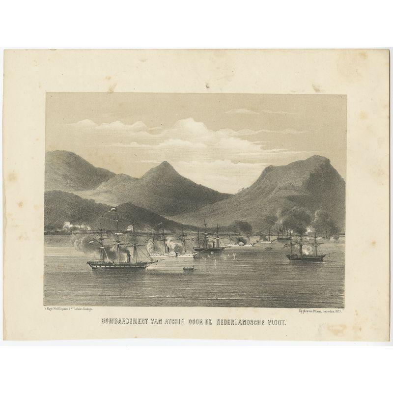 Impression ancienne d'Indonésie intitulée 'Bombardement van Atchin door de Nederlandse Vloot'. Impression ancienne représentant une scène militaire en Indonésie. Provient de 
