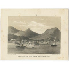 Old Military Scene of Dutch Ships Bombing Atchin in Sumatra, Indonesia, 1784