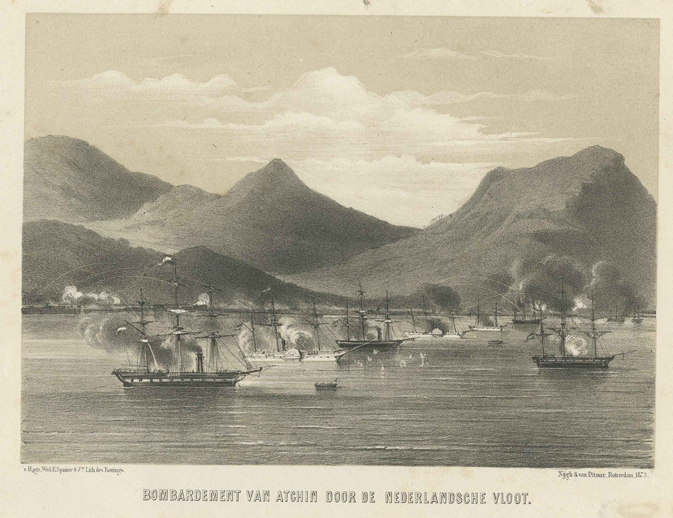Paper Old Military Scene of Dutch Ships Bombing Atchin in Sumatra, Indonesia, 1784 For Sale