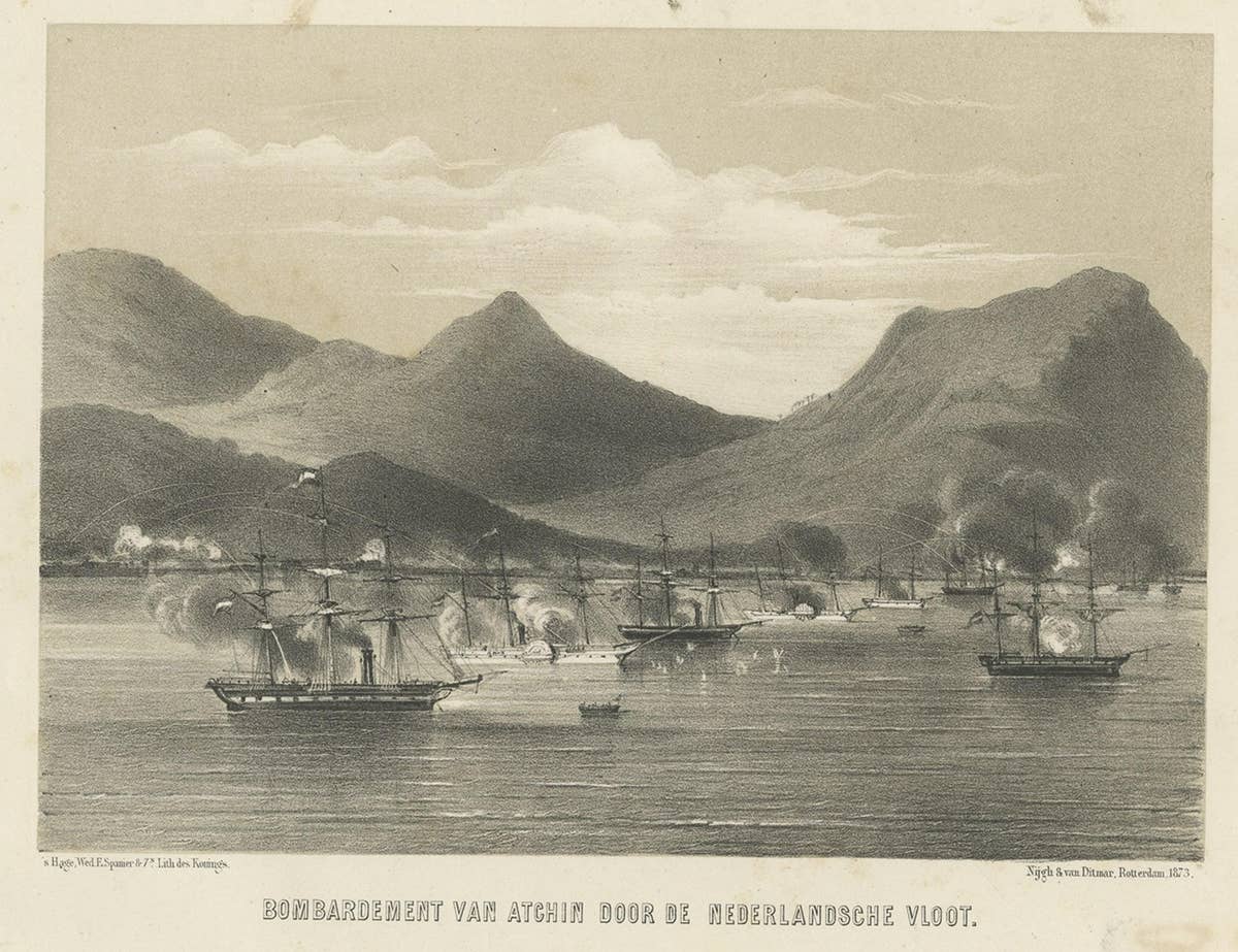 Old Military Scene of Dutch Ships Bombing Atchin in Sumatra, Indonesia, 1784