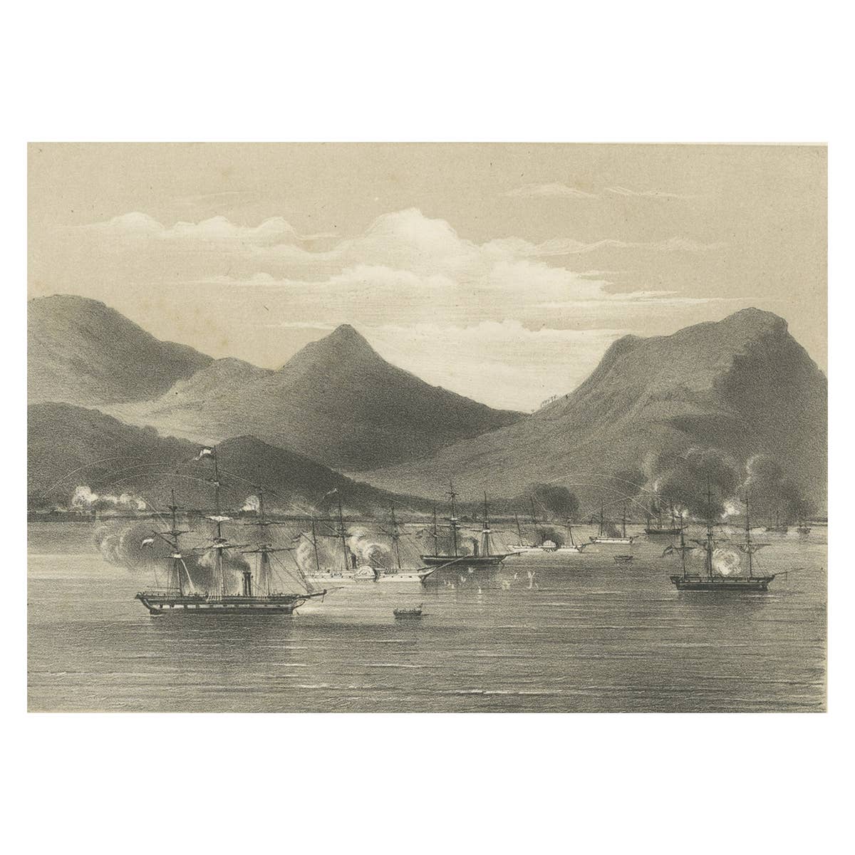 Old Military Scene of Dutch Ships Bombing Atchin in Sumatra, Indonesia, 1784