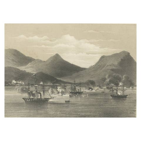 Old Military Scene of Dutch Ships Bombing Atchin in Sumatra, Indonesia, 1784