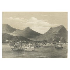 Old Military Scene of Dutch Ships Bombing Atchin in Sumatra, Indonesia, 1784