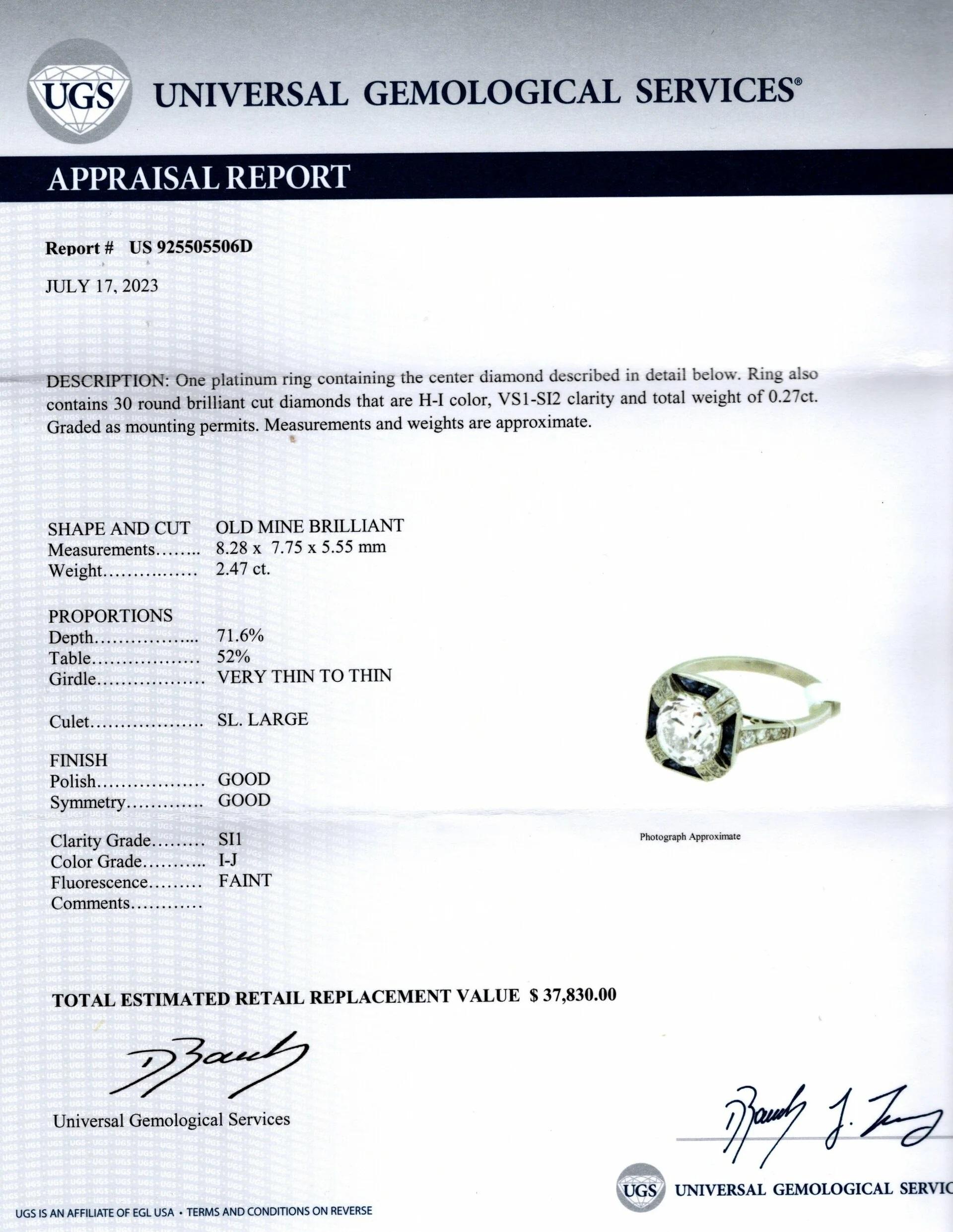 Modern Old Mine 2.74 Carat Blue Sapphire Diamond Art Deco Style Platinum Ring For Sale