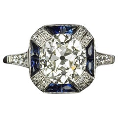 Platinring im Art-déco-Stil mit 2,74 Karat blauem Saphir und Diamant im alten Minenstil