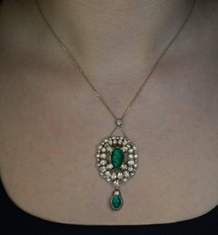 Old Mine 6.82 Ct Colombian Emerald Diamond Pearl Antique Necklace c. 1850