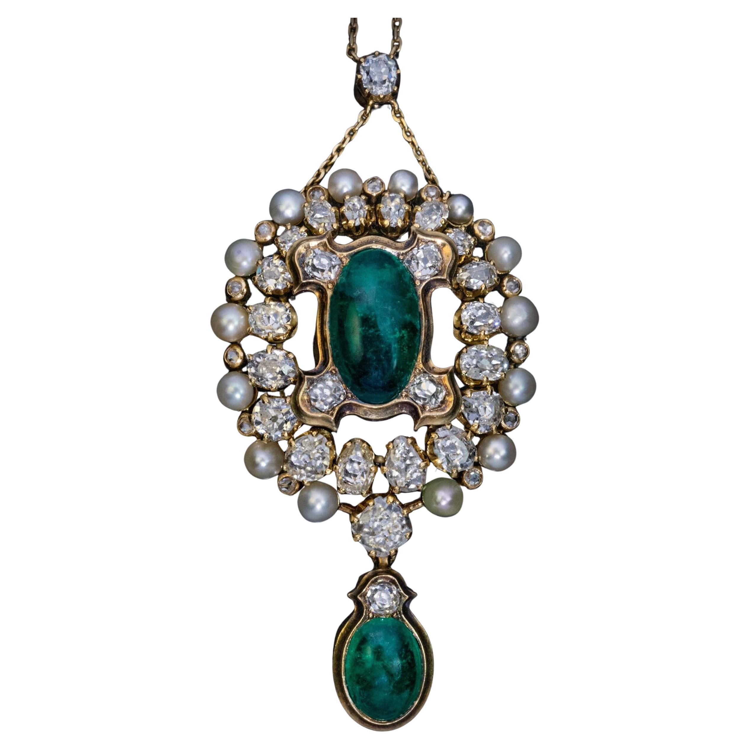 Collier ancien de 6,82 carats d'émeraudes de Colombie, diamants et perles, c. 1850