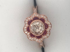 Old Mine Brilliant Diamond Ring with Rubies in 14 Karat Pink Gold, Appx. .74 ct