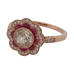 Old Mine Brilliant Diamond Ring with Rubies in 14 Karat Pink Gold, Appx. .74 ct