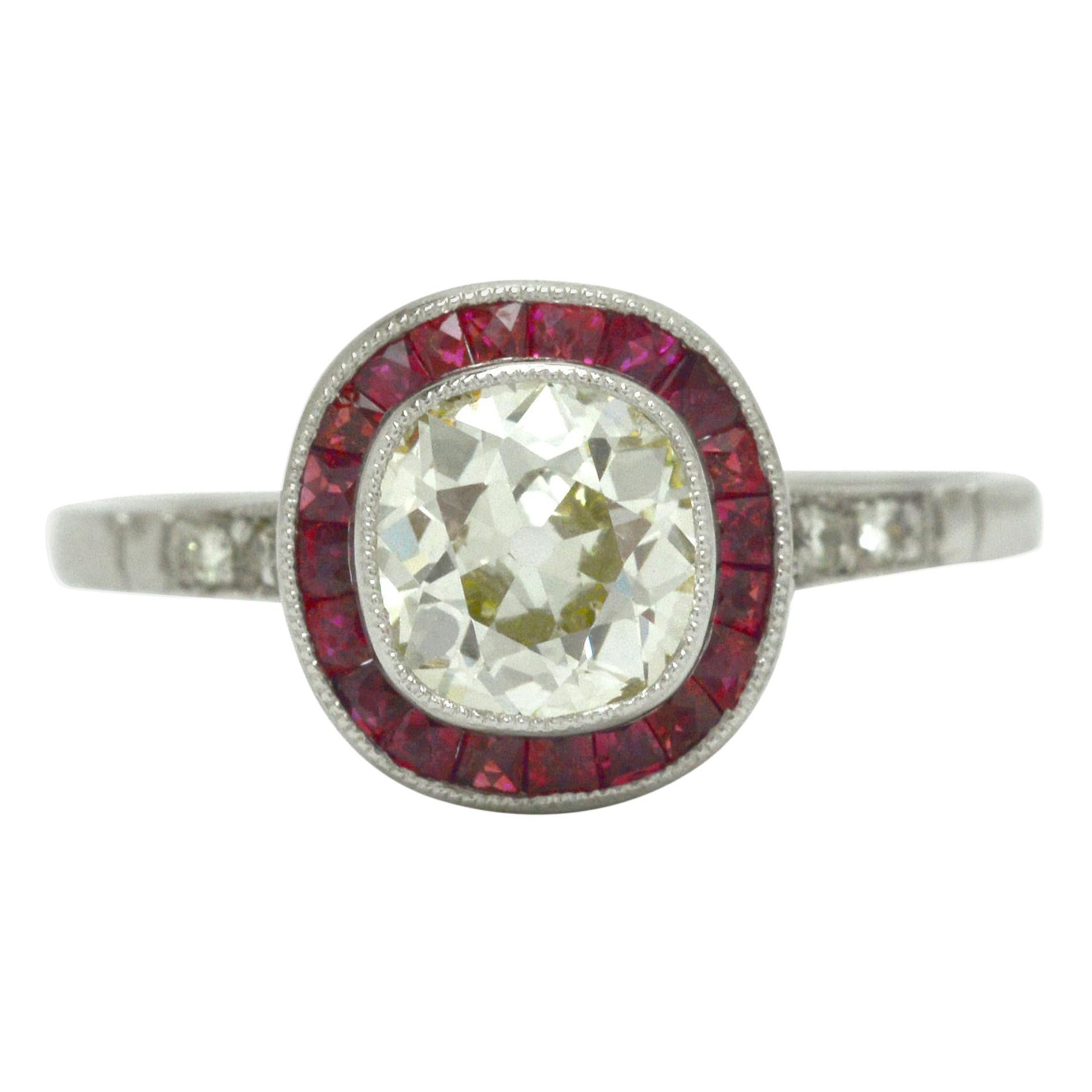 Antique Cushion Cut Diamond Engagement Ring 1.08 Ct Old Mine Ruby Art Deco Style