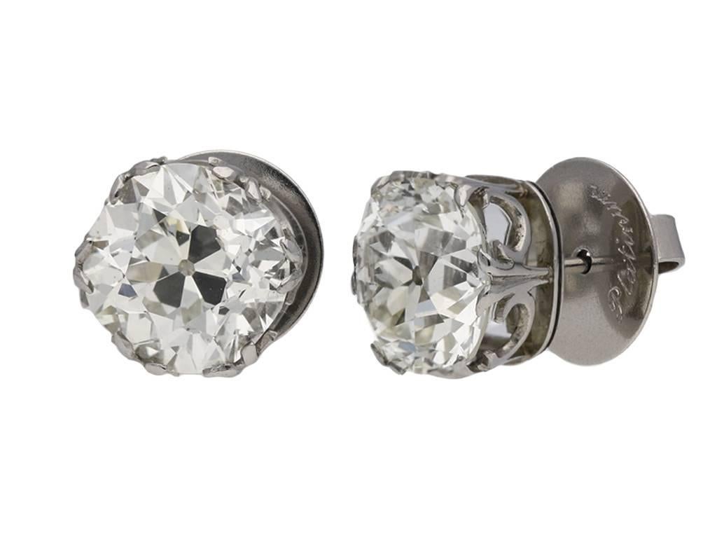Old mine cushion shape diamond stud earrings. A matching pair, set with a cushion shape old mine diamond to each, one with a weight of 3.52 carats, M colour, VS2 clarity, the other 3.54 carats, M colour, VS1 clarity, beautifully matched with a