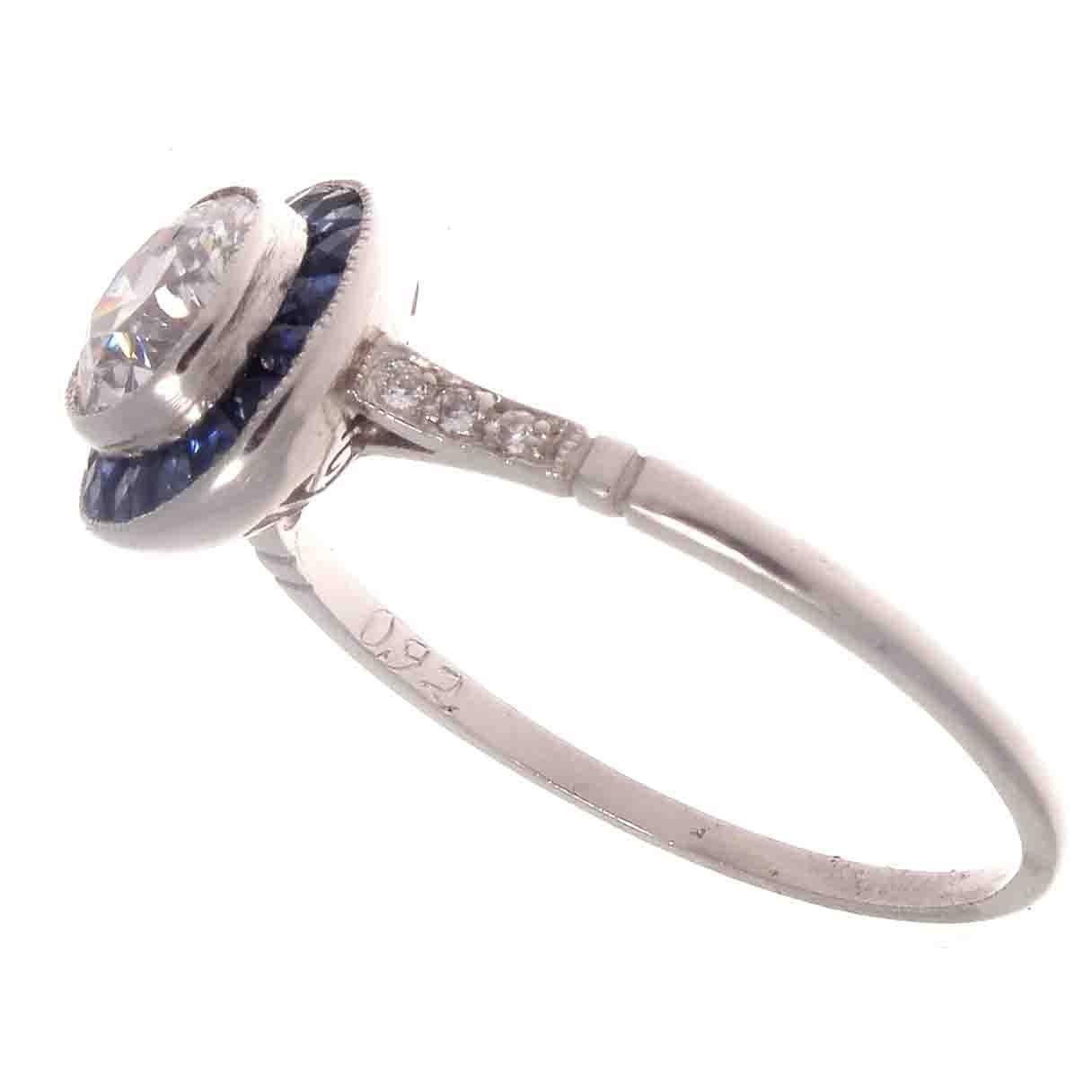 Art Deco Old Mine Cut 0.92 Carat Diamond Sapphire Platinum Engagement Ring