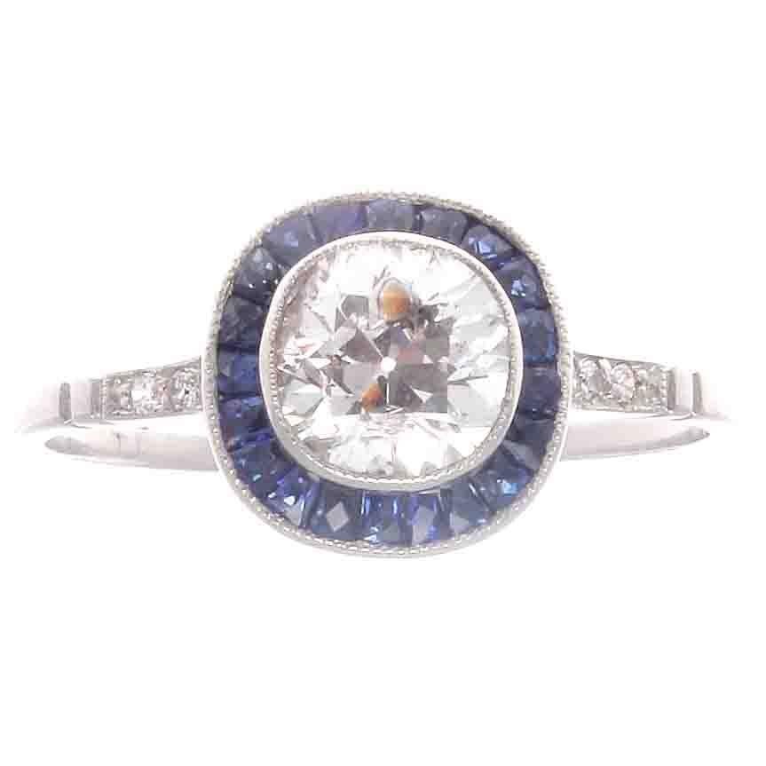 Old Mine Cut 0.92 Carat Diamond Sapphire Platinum Engagement Ring