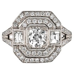 Antique Old Mine Cut 1 ct. Diamond Ring with Diamond Baguettes 0.5 ct. 