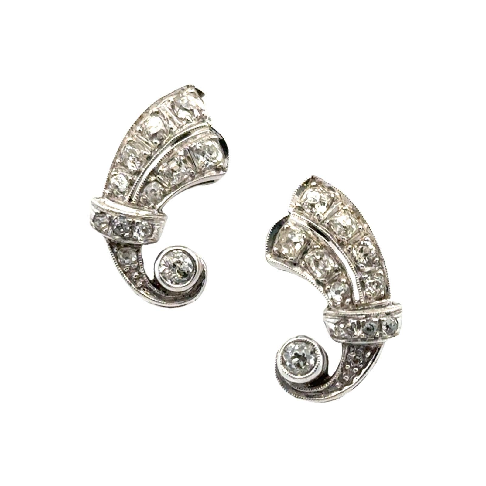 Art Deco Old Mine Cut Diamond 14 Karat White Gold Swirl Drop Antique Earrings For Sale