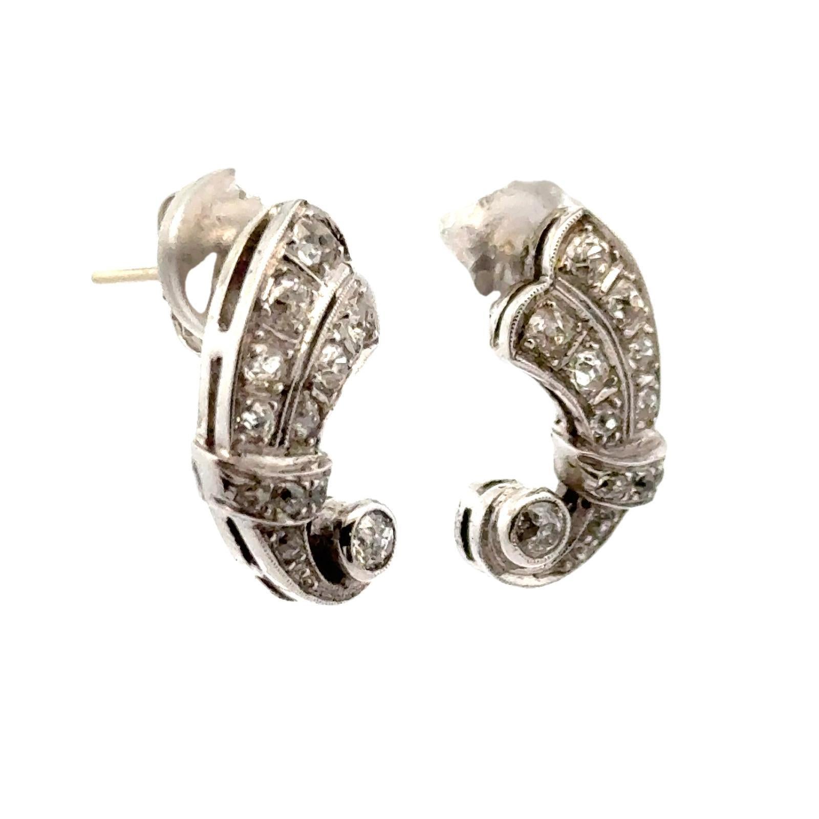 Old Mine Cut Diamond 14 Karat White Gold Swirl Drop Antique Earrings In Excellent Condition For Sale In Boca Raton, FL