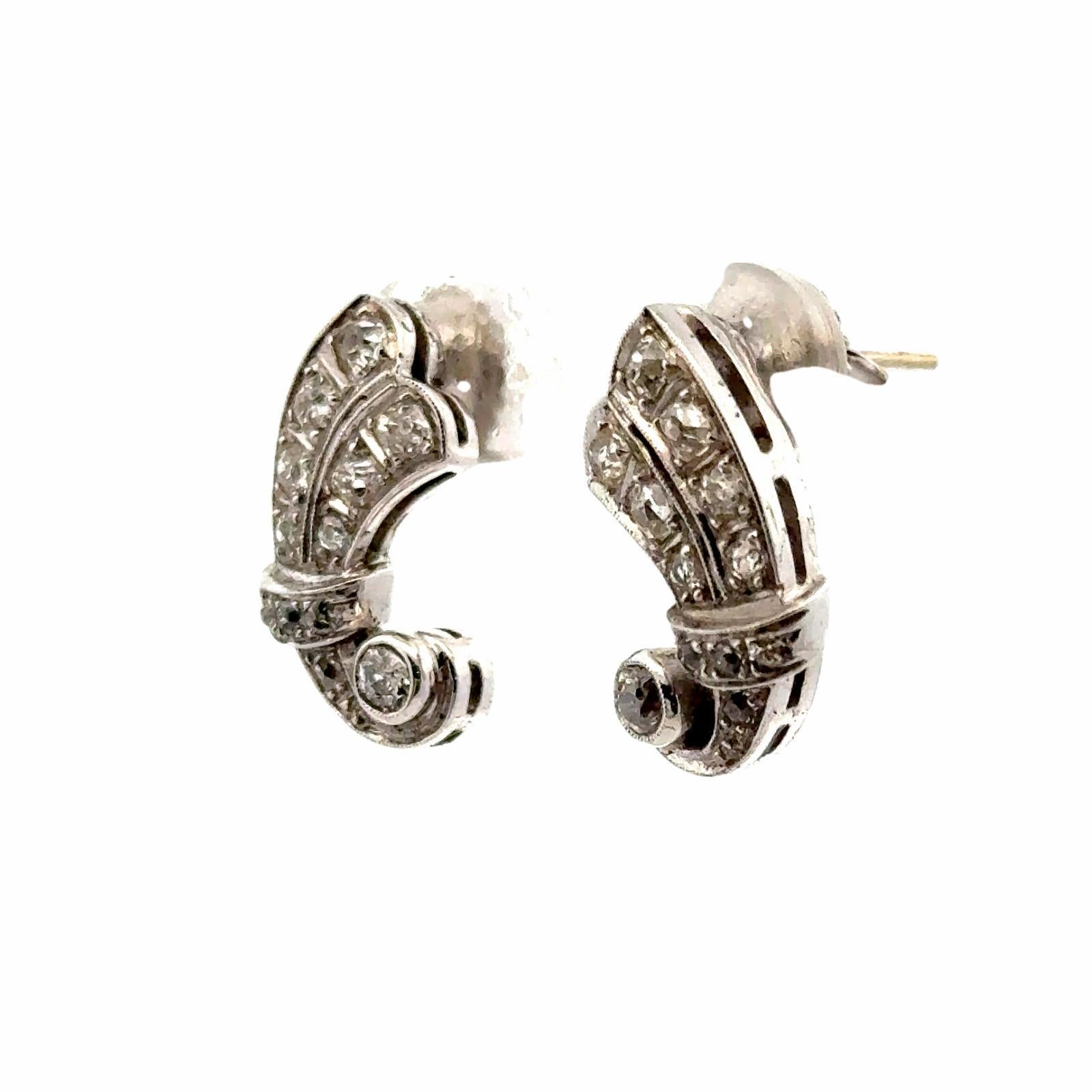 Women's Old Mine Cut Diamond 14 Karat White Gold Swirl Drop Antique Earrings For Sale