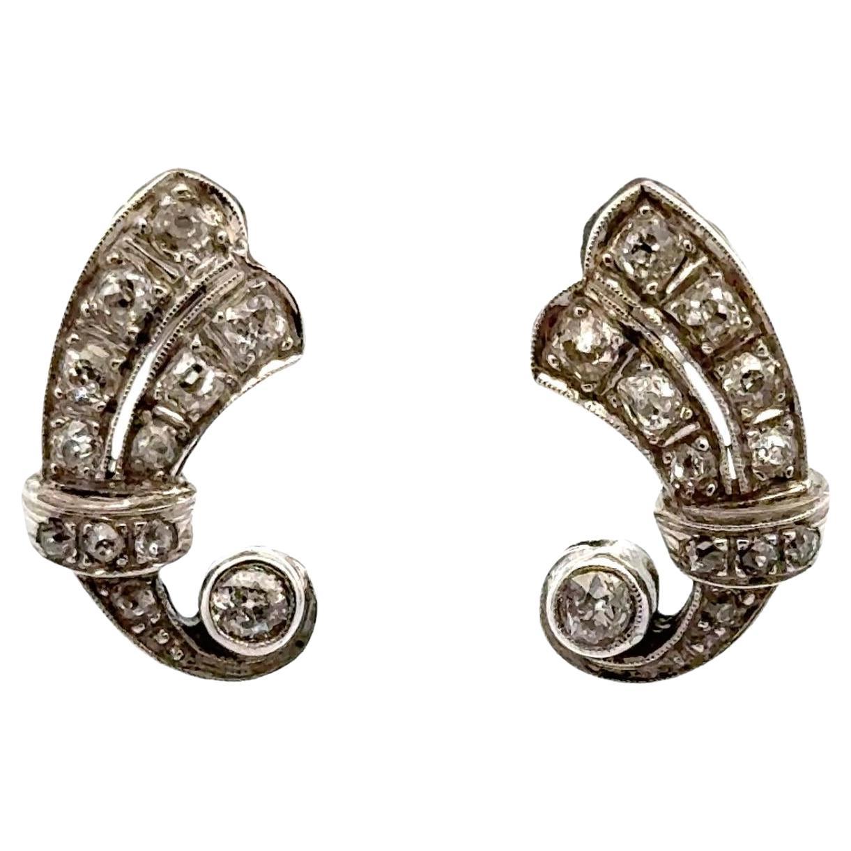 Old Mine Cut Diamond 14 Karat White Gold Swirl Drop Antique Earrings
