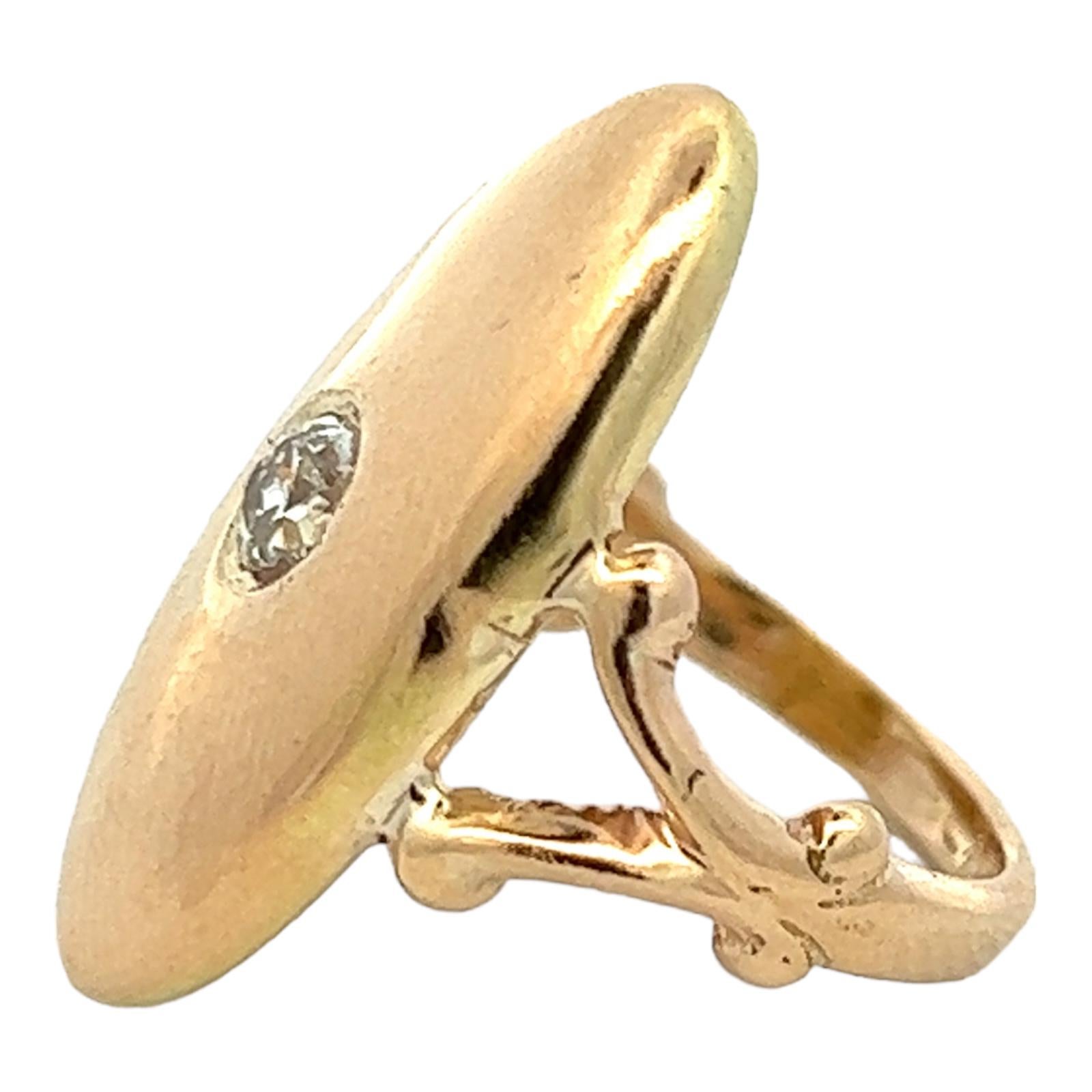 Women's Old Mine Cut Diamond 14 Karat Yellow Gold Oval Solitaire Vintage Signet Ring  For Sale