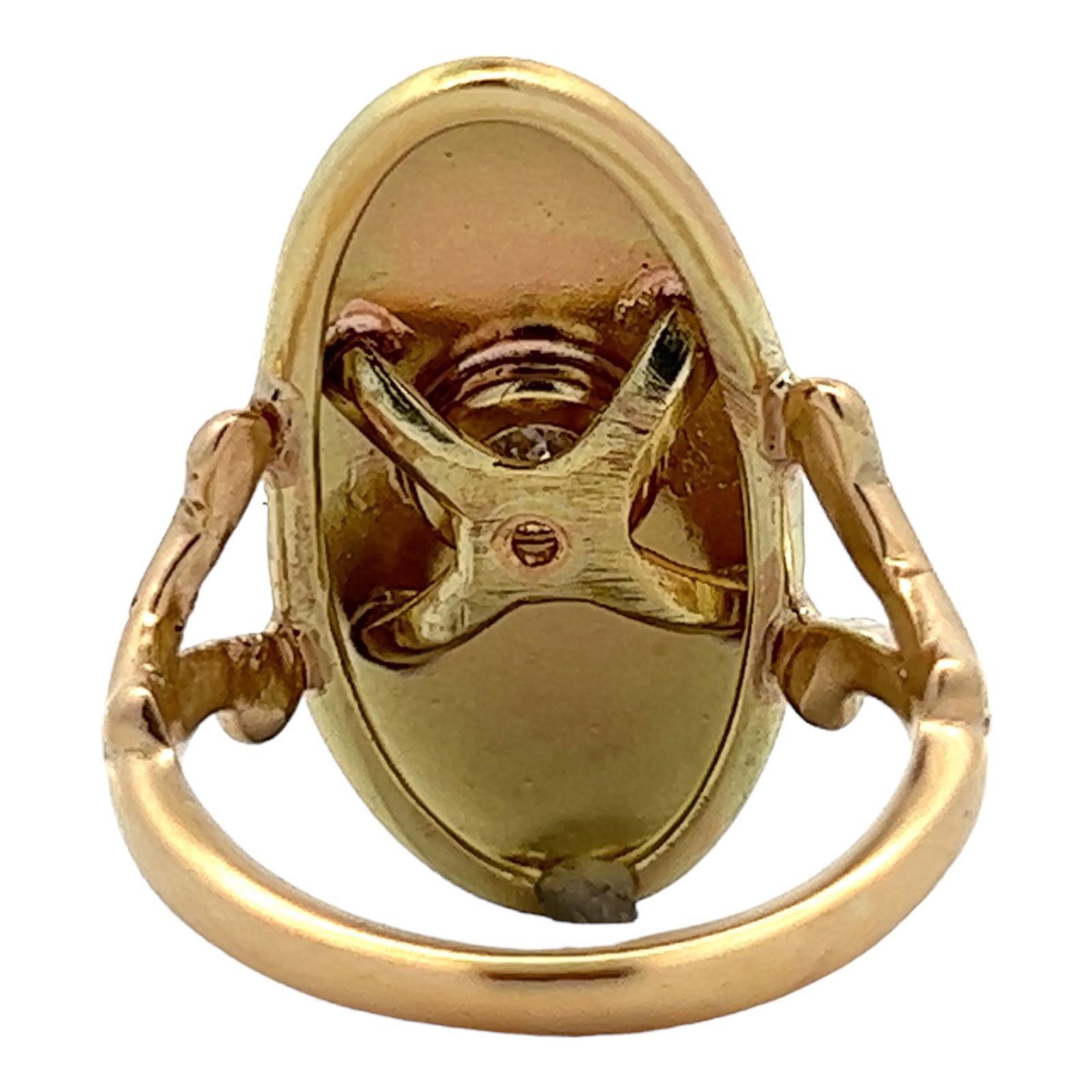Women's Old Mine Cut Diamond 14 Karat Yellow Gold Oval Solitaire Vintage Signet Ring  For Sale