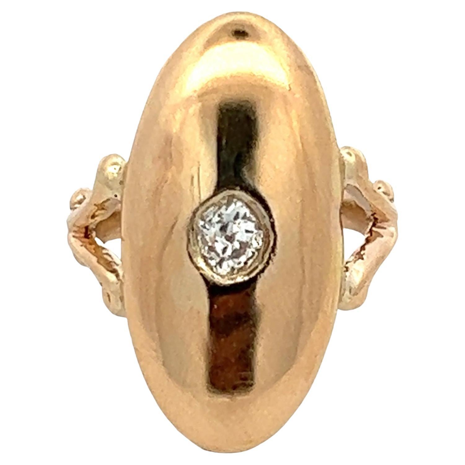 Old Mine Cut Diamond 14 Karat Yellow Gold Oval Solitaire Vintage Signet Ring  For Sale