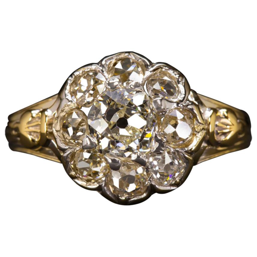 Old Mine Cut Diamond 2.00 Carat Cluster Ring I-J Color VS1 Clarity 18k Gold Anti