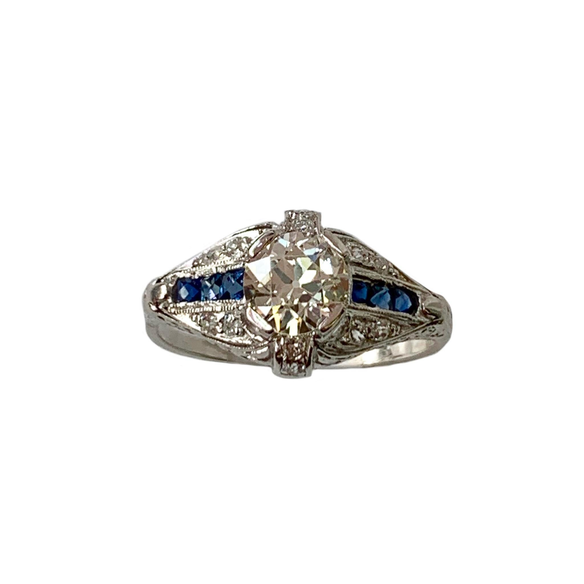 Art Deco Old Mine Cut Diamond and Blue Sapphire Platinum Ring