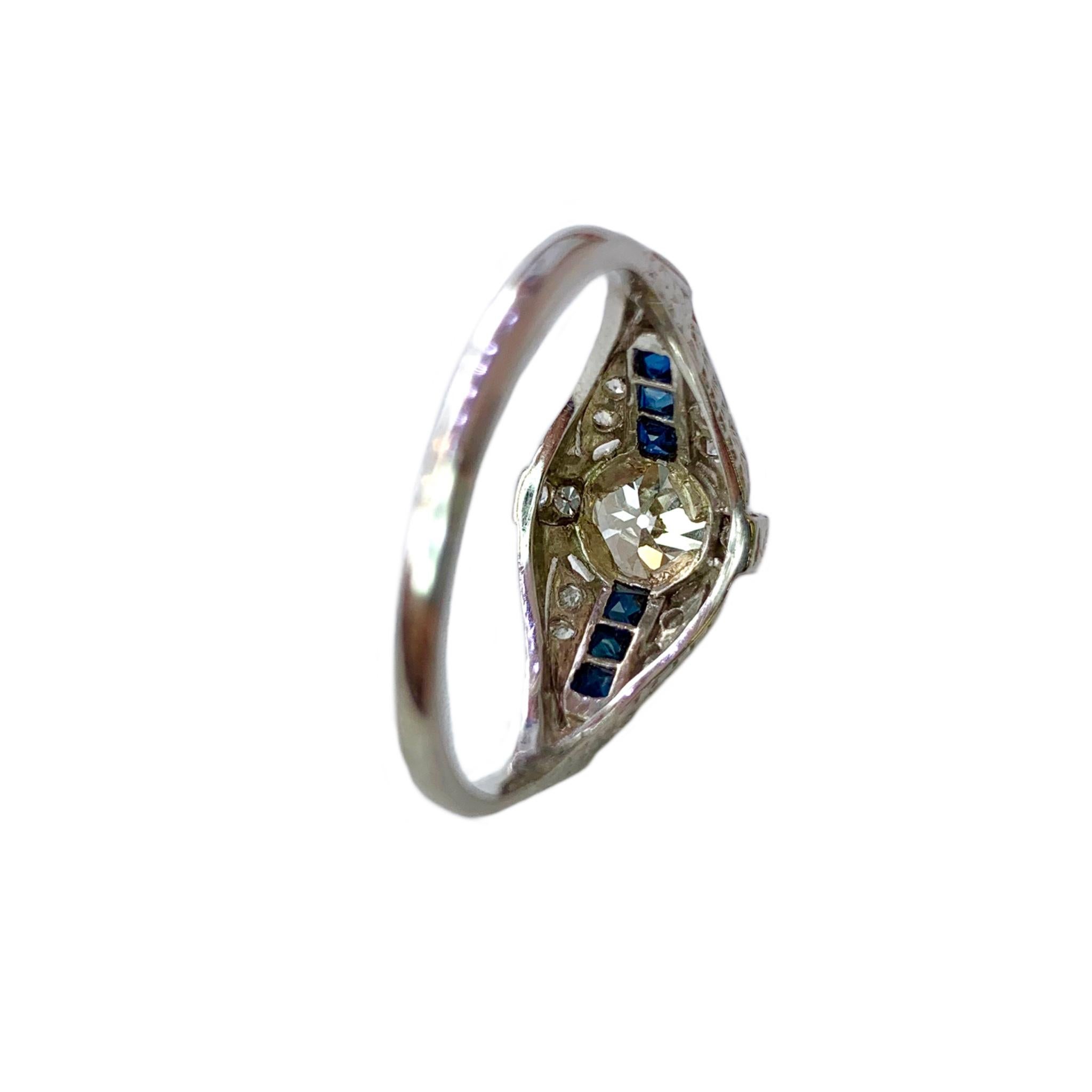 Old Mine Cut Diamond and Blue Sapphire Platinum Ring In Good Condition In Los Angeles, CA