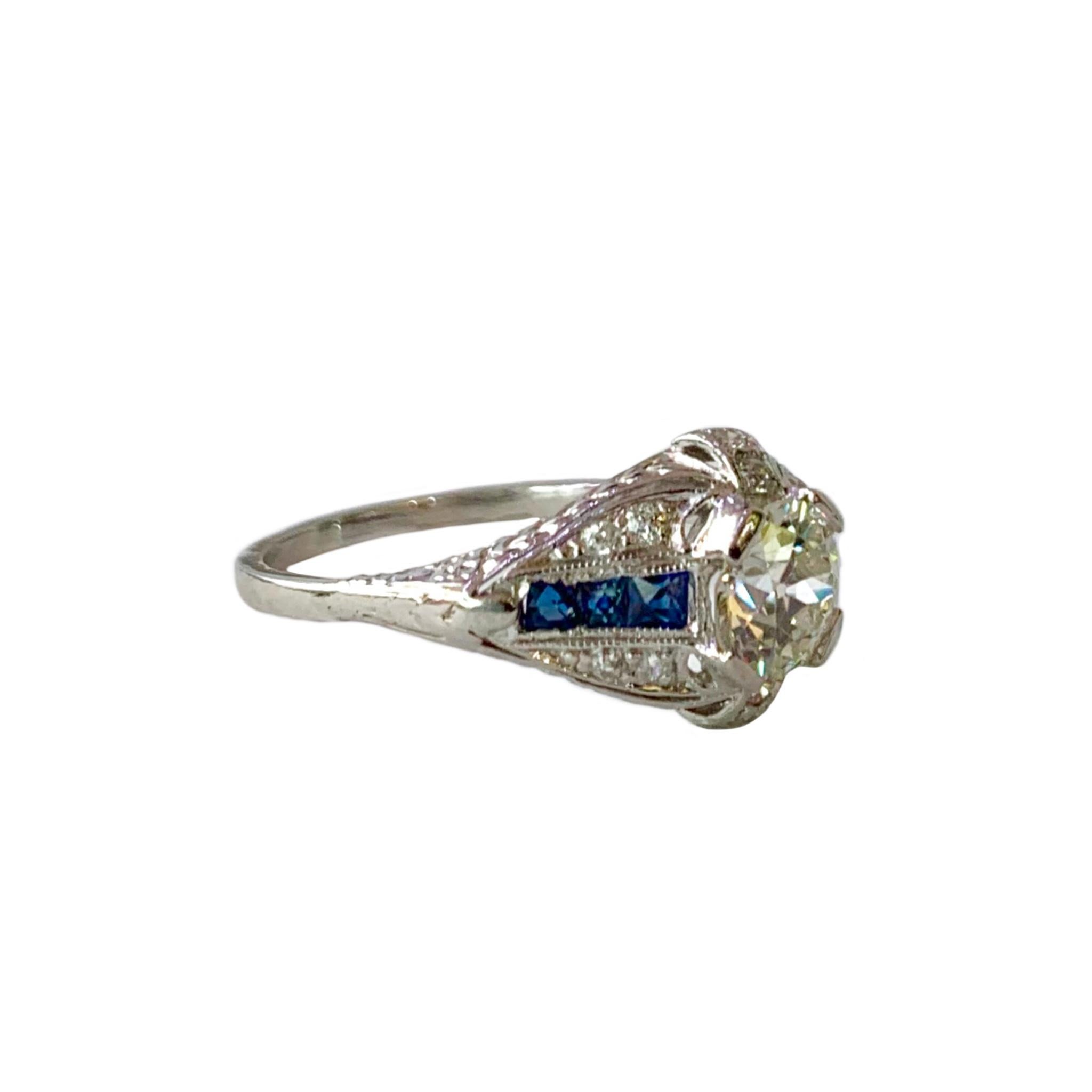 Old Mine Cut Diamond and Blue Sapphire Platinum Ring 1