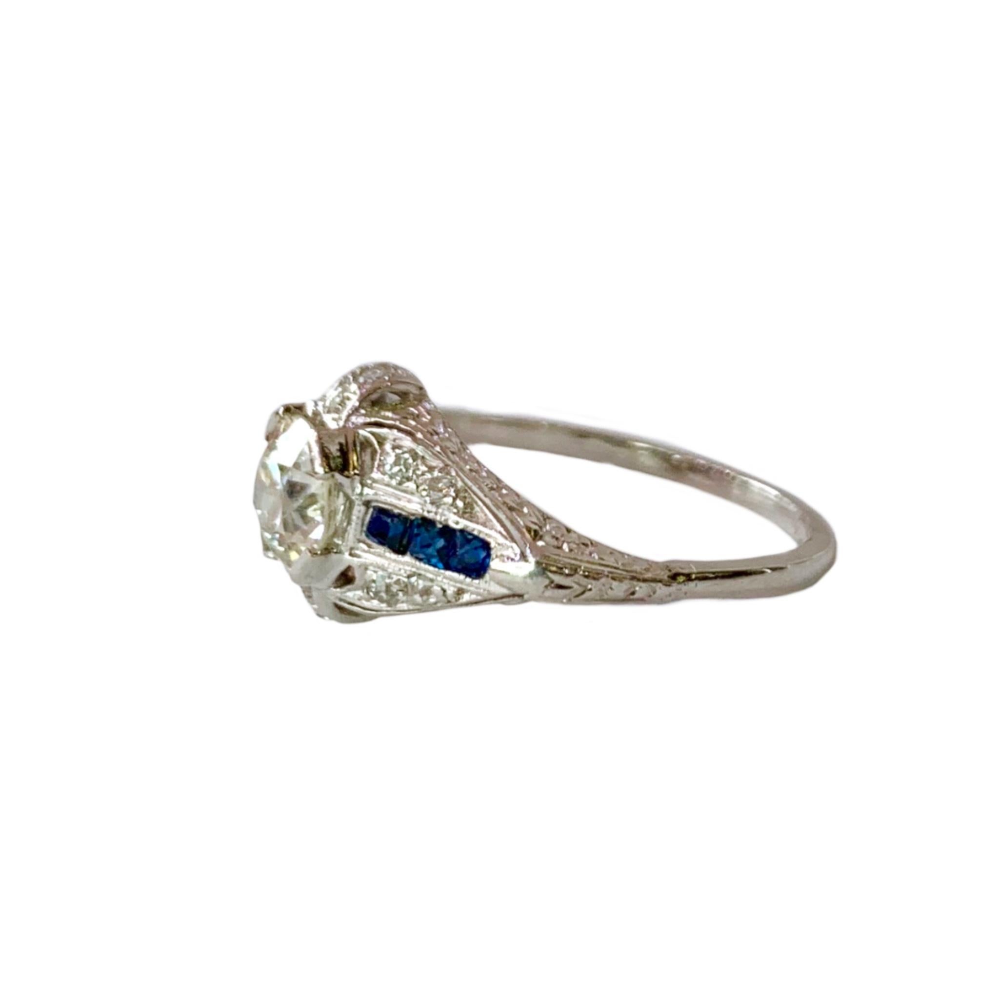 Old Mine Cut Diamond and Blue Sapphire Platinum Ring 2