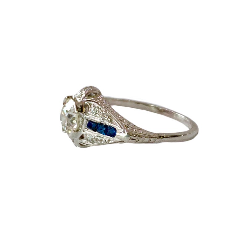 Old Mine Cut Diamond and Blue Sapphire Platinum Ring at 1stDibs