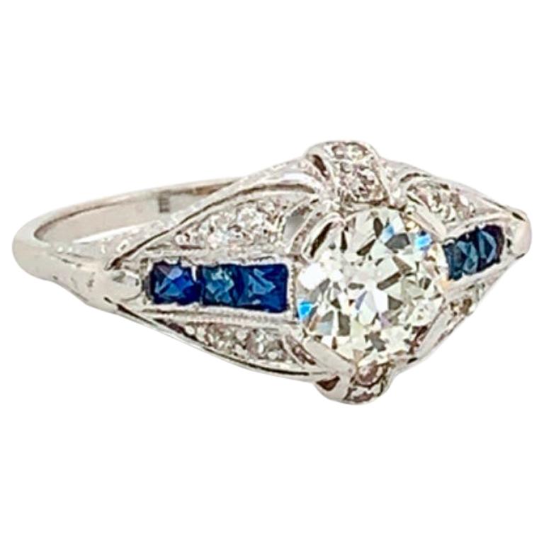 Old Mine Cut Diamond and Blue Sapphire Platinum Ring
