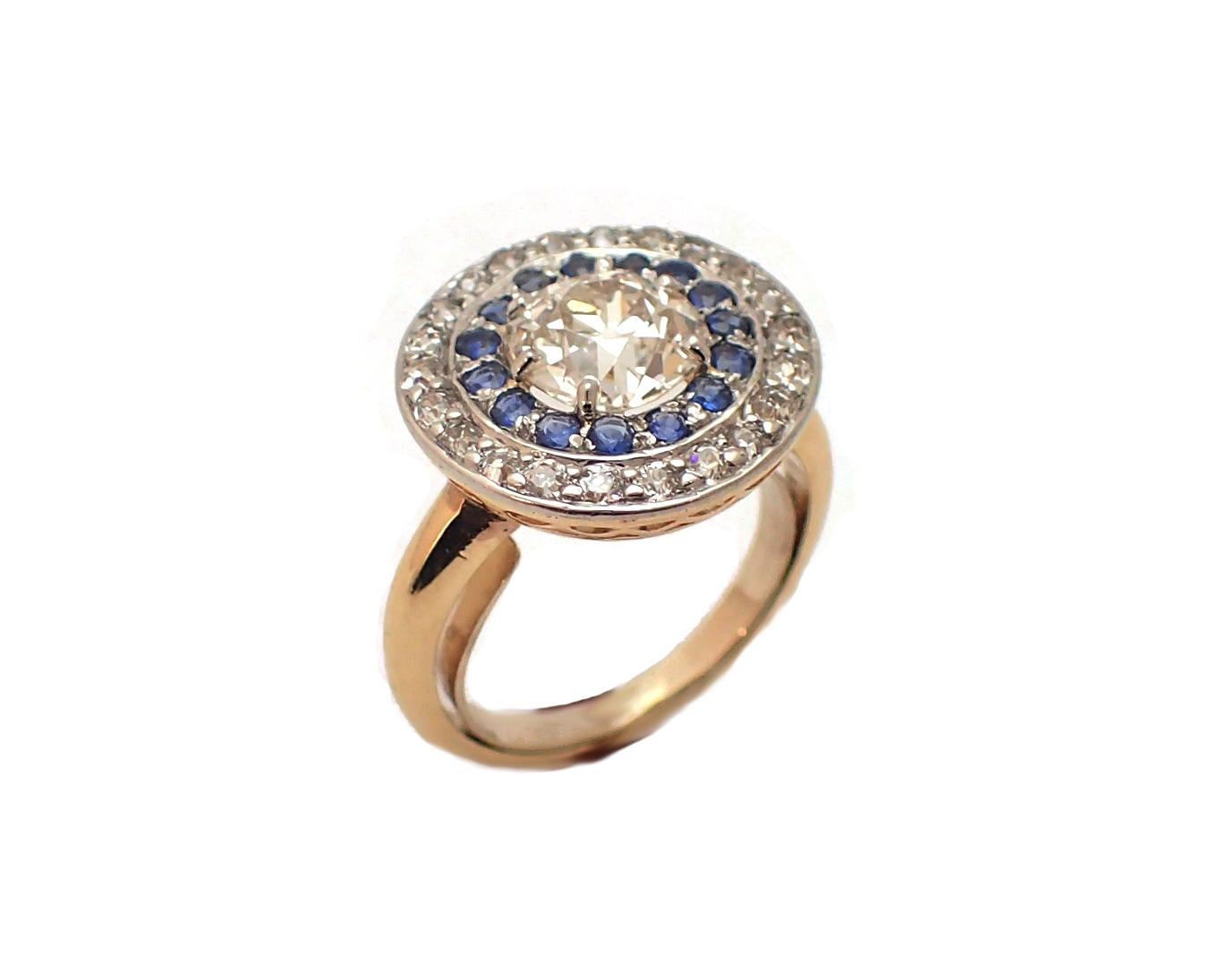 Art Nouveau Old Mine Cut Diamond and Sapphire Halo Ring For Sale