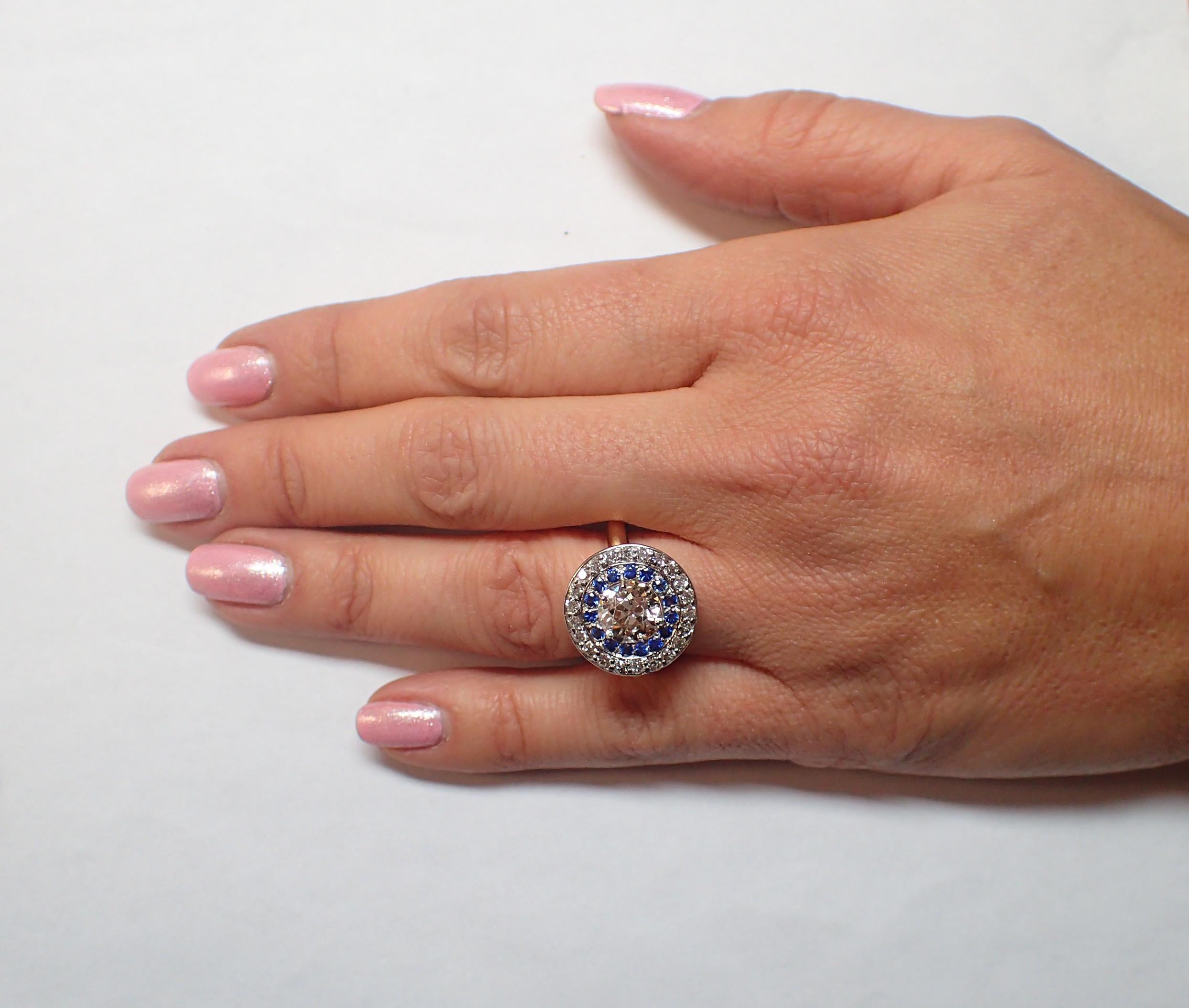 Old Mine Cut Diamond and Sapphire Halo Ring For Sale 1