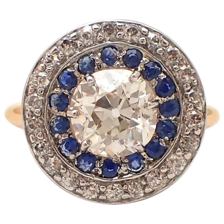 Old Mine Cut Diamond and Sapphire Halo Ring For Sale