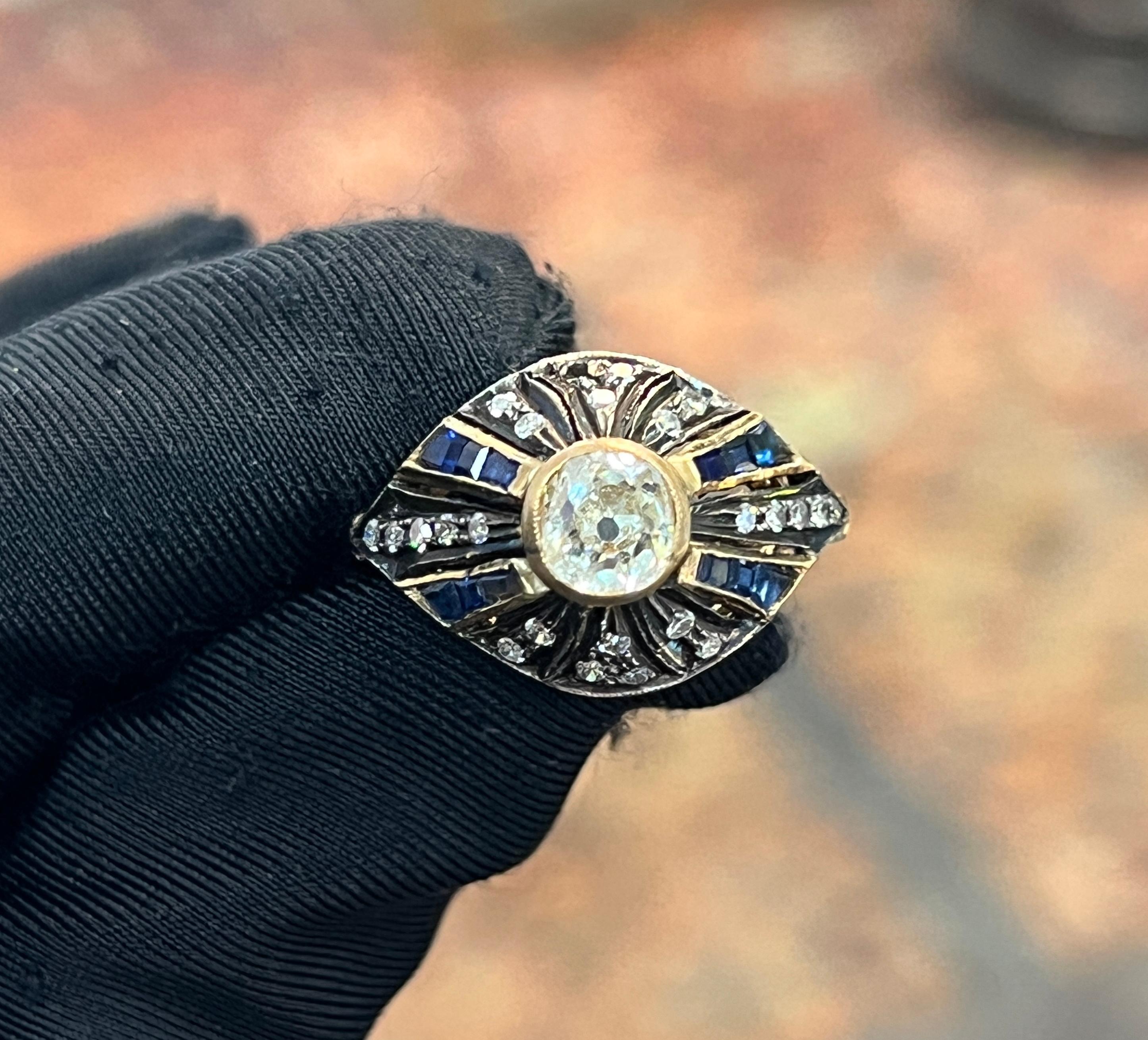 Mixed Cut Old Mine Cut Diamond and Sapphire Ring For Sale